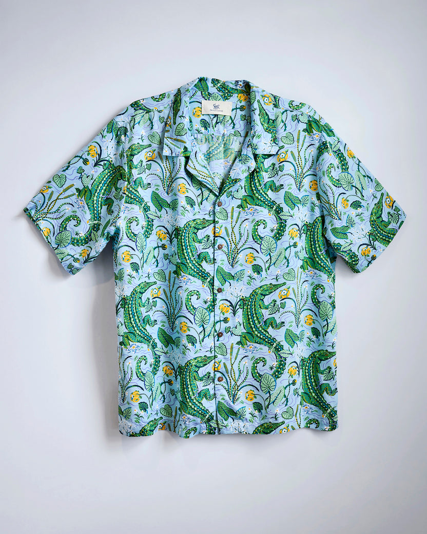 Gator Grove - Eco Satin Vacation Camp Shirt - Blue Lagoon