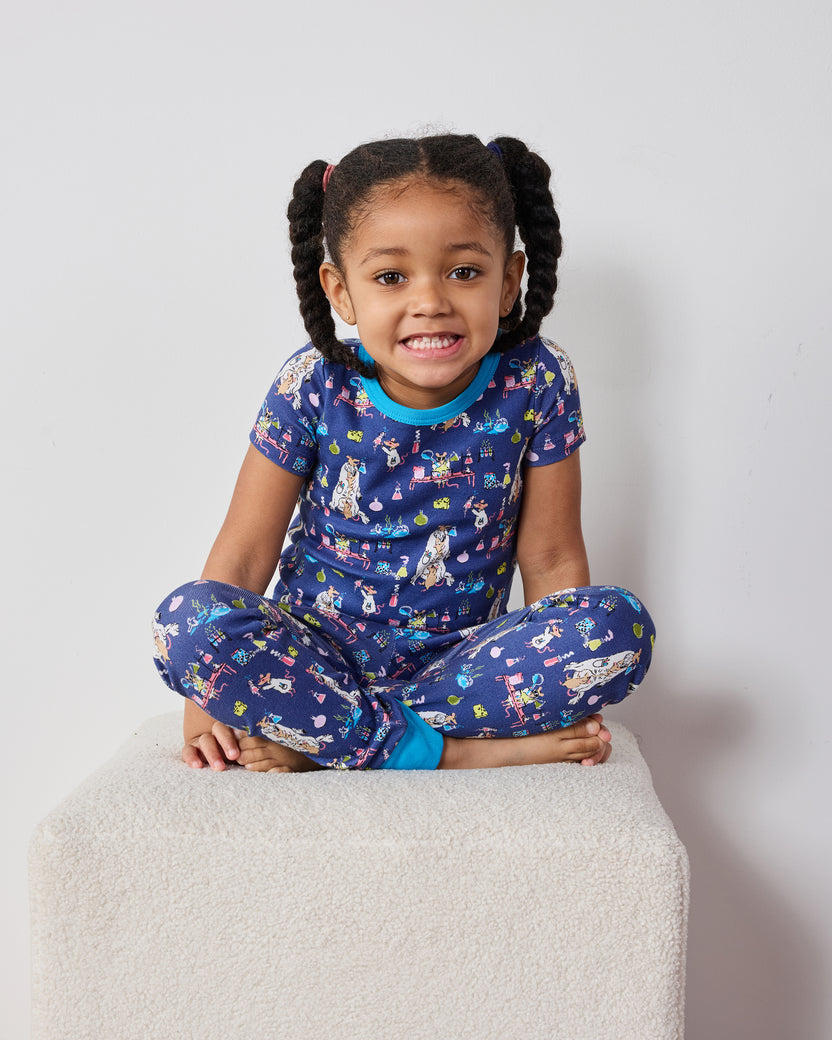 It's Alive - Kids Organic Pima Short Sleeve PJ Set - Checkered Sapphire
