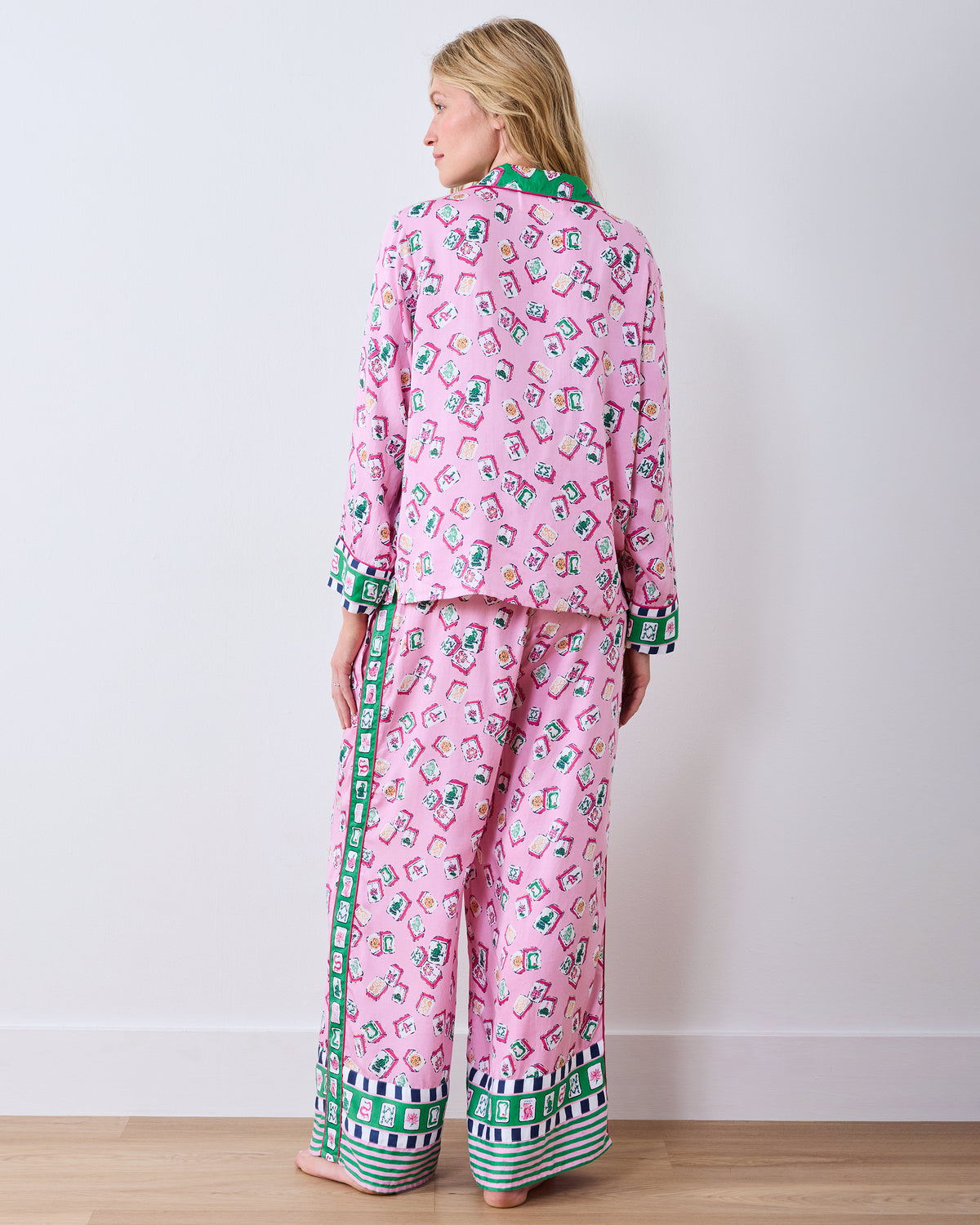 Full-length back view of the Peony Pink Lucky Tiles pajama set with wide-leg pants and contrasting borders.