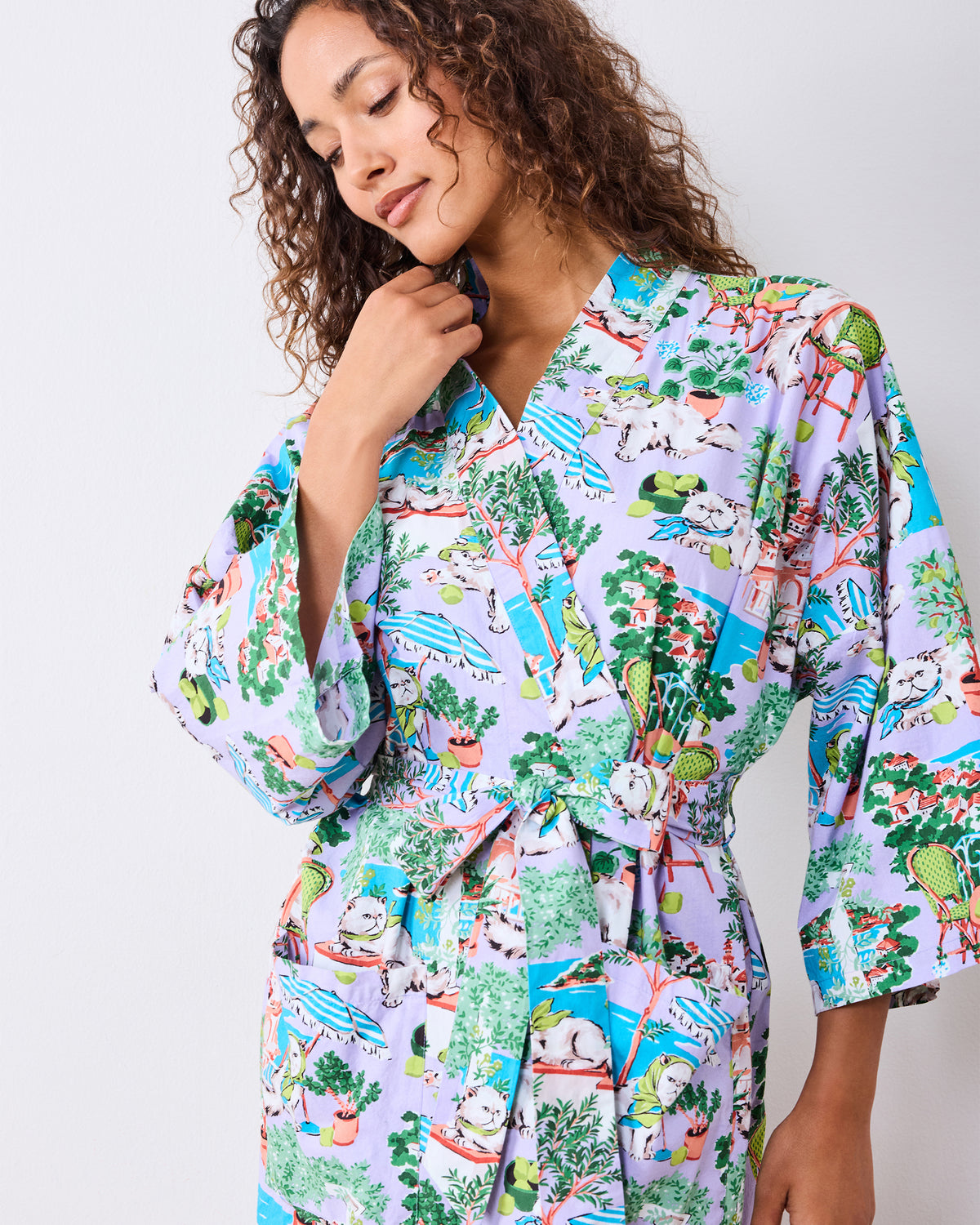 Mediterranean Meow - Long Robe - Lilac & Lime - Printfresh
