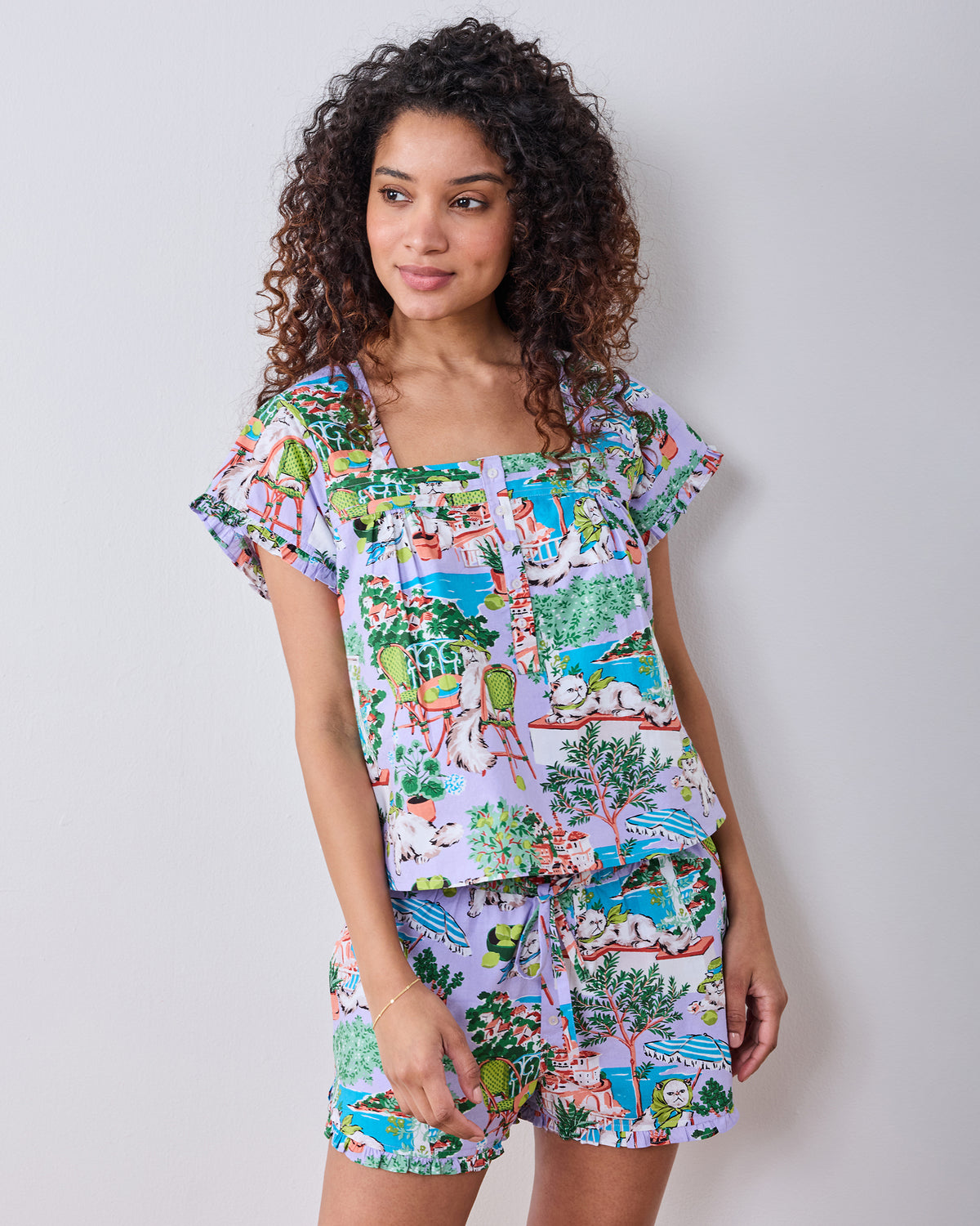 Mediterranean Meow - Pintuck Short Set - Lilac & Lime - Printfresh