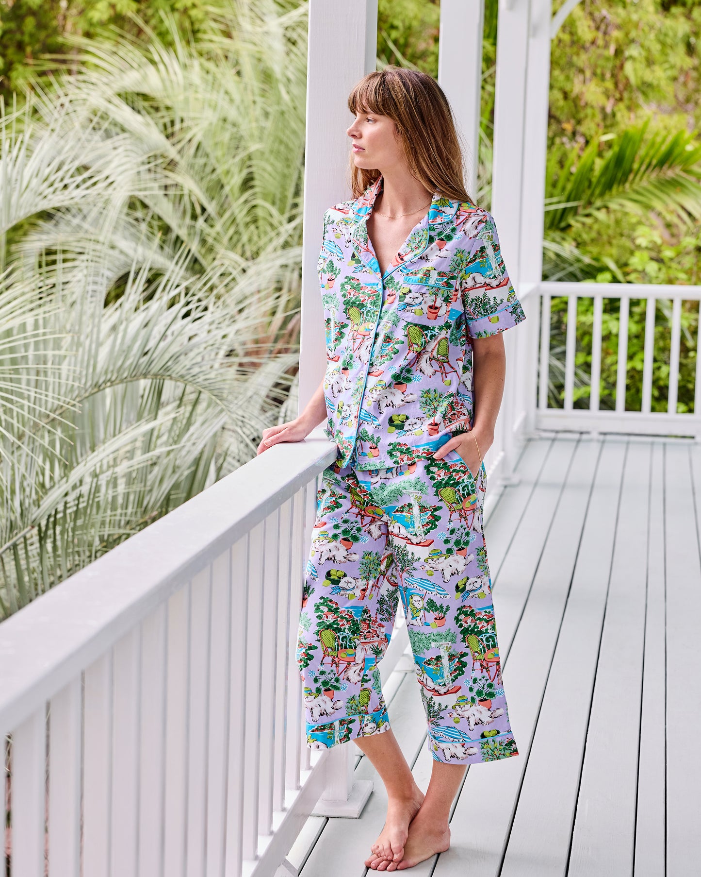 Mediterranean Meow - Short Sleeve Top & Cropped Pants Set - Lilac & Lime - Printfresh