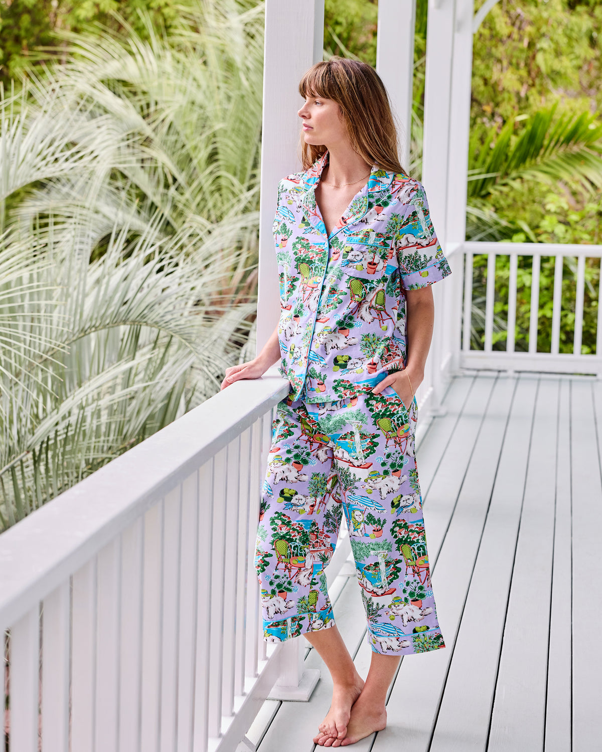 Mediterranean Meow - Short Sleeve Top & Cropped Pants Set - Lilac & Lime - Printfresh