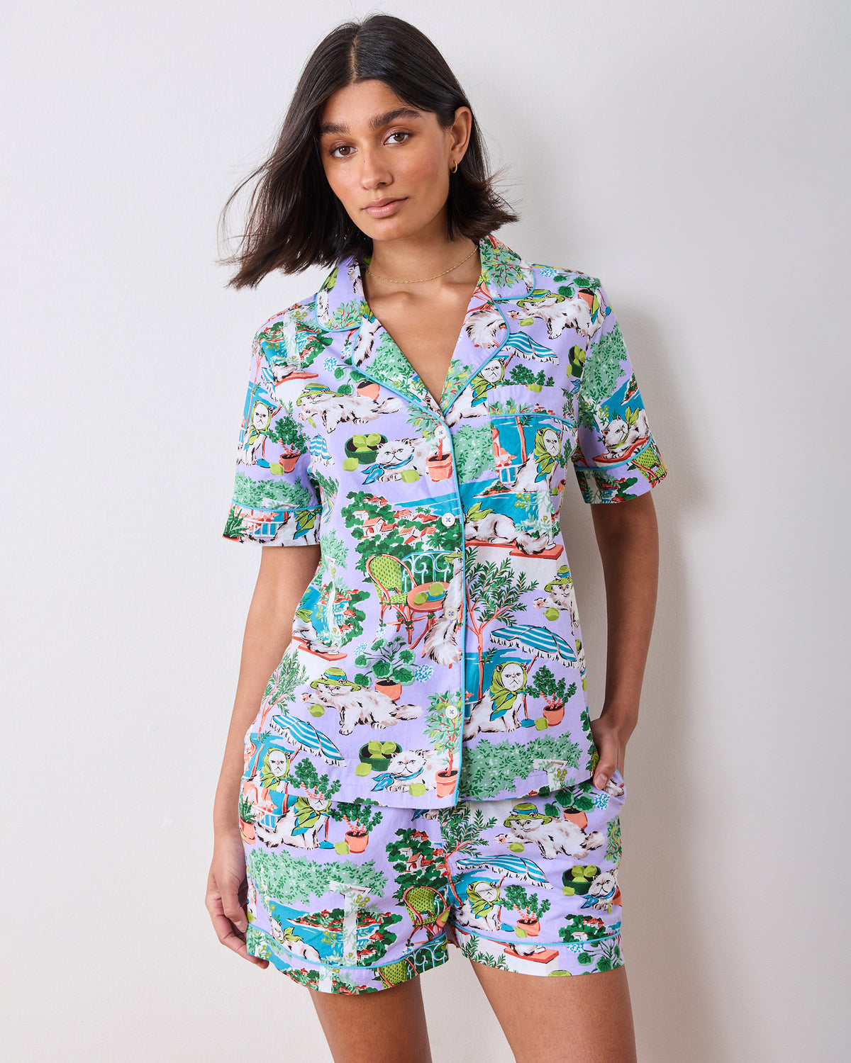 Mediterranean Meow - Short PJ Set - Lilac & Lime - Printfresh