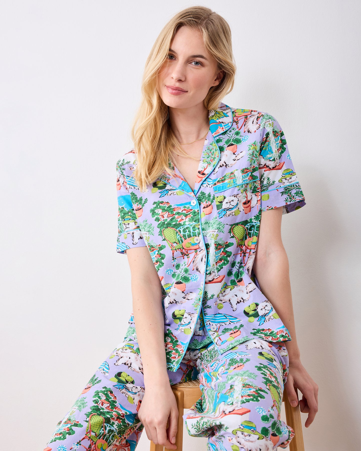 Mediterranean Meow - Short Sleeve Top & Cropped Pants Set - Lilac & Lime - Printfresh
