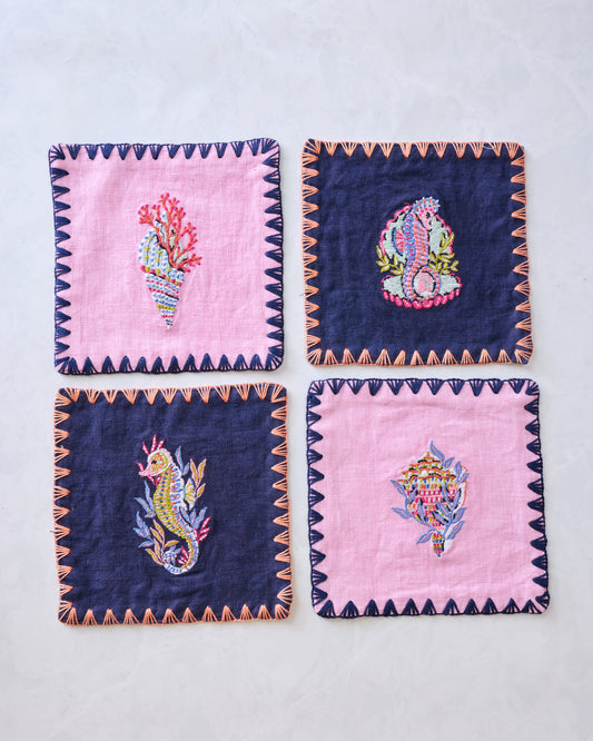 Underwater Enchantment - Linen Cocktail Napkins Set of 4 - Navy - Printfresh