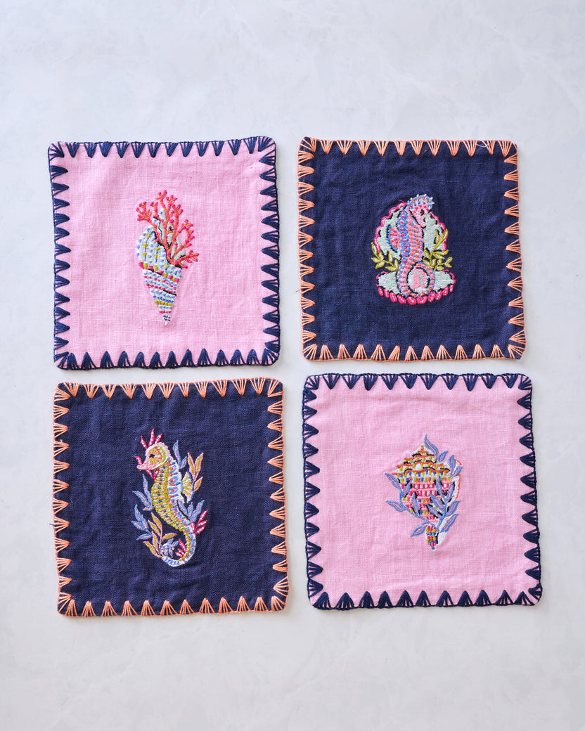 Underwater Enchantment - Linen Cocktail Napkins Set of 4 - Navy - Printfresh
