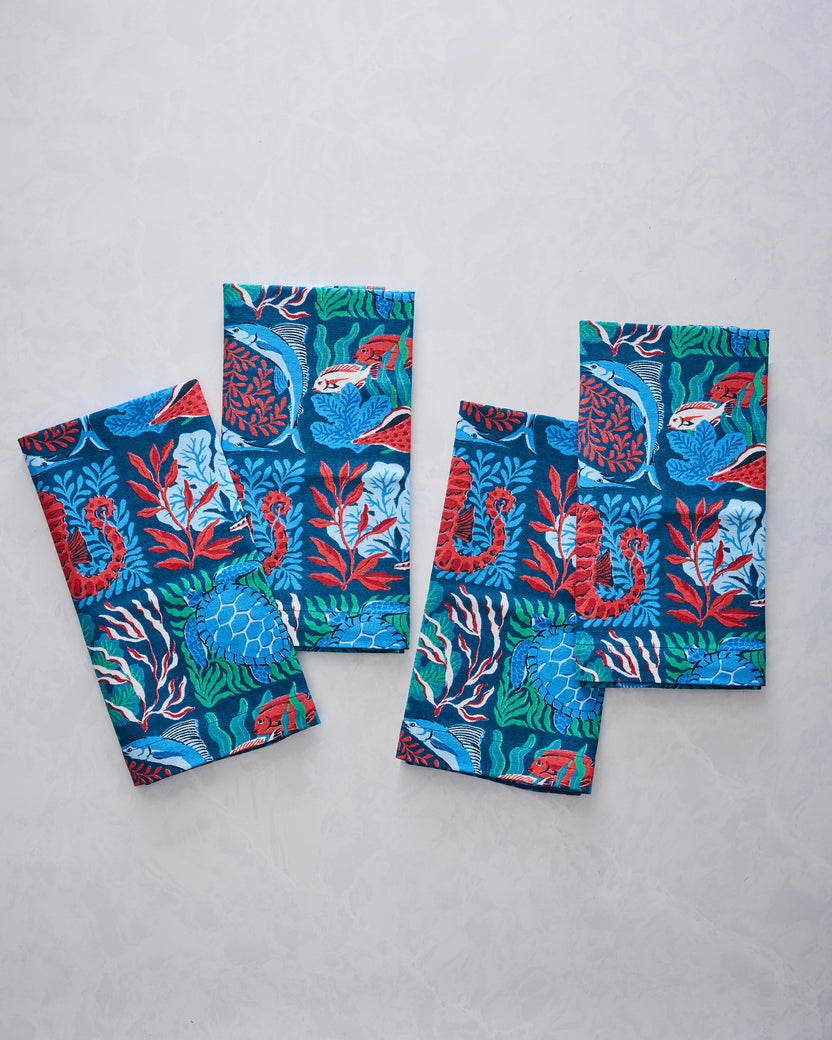 Stained Glass Sea - Dinner Napkins Set Of 4 - Seaside Blue - Printfresh
