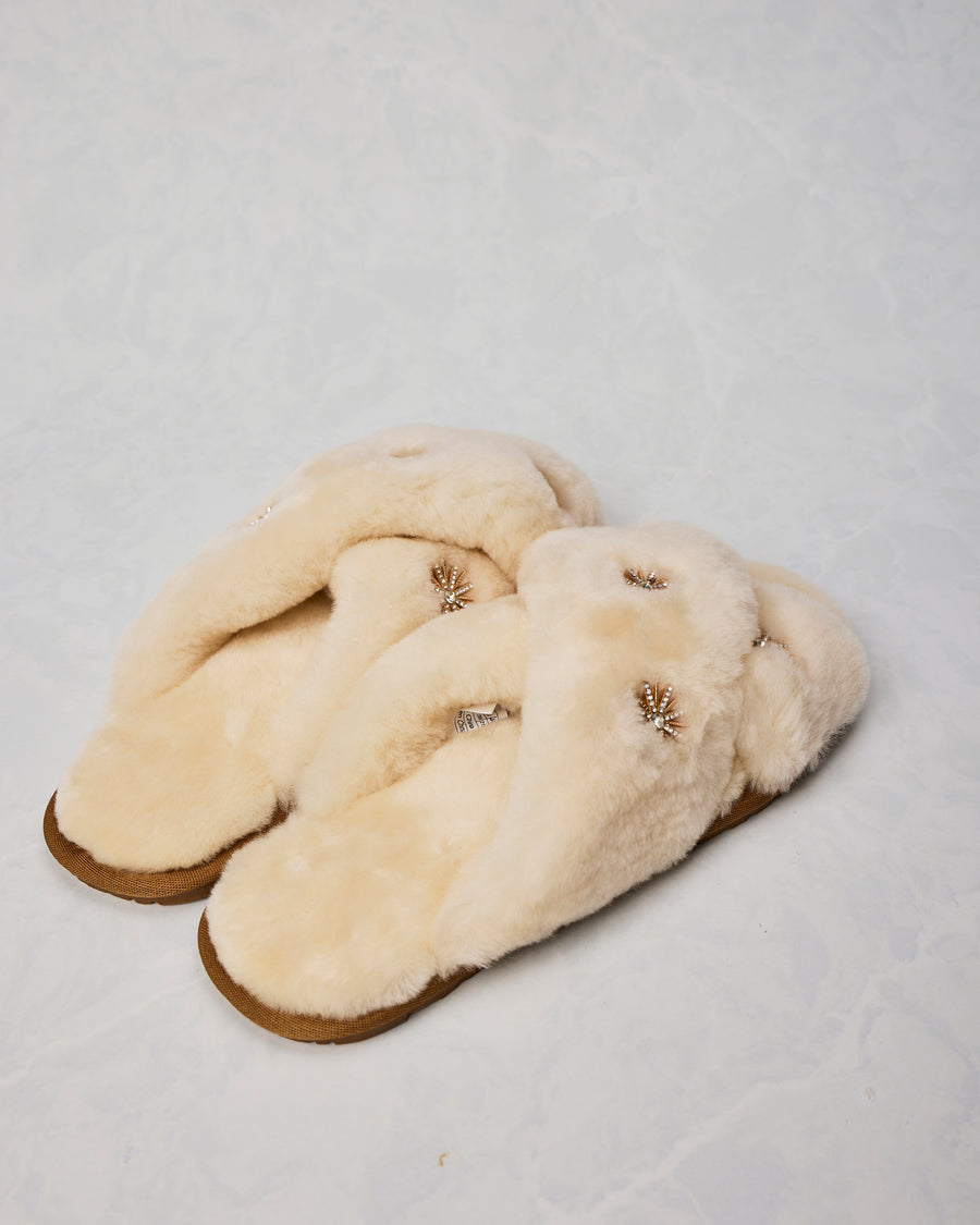 Beige - Sheepskin Slippers with Rhinestones - Limlim