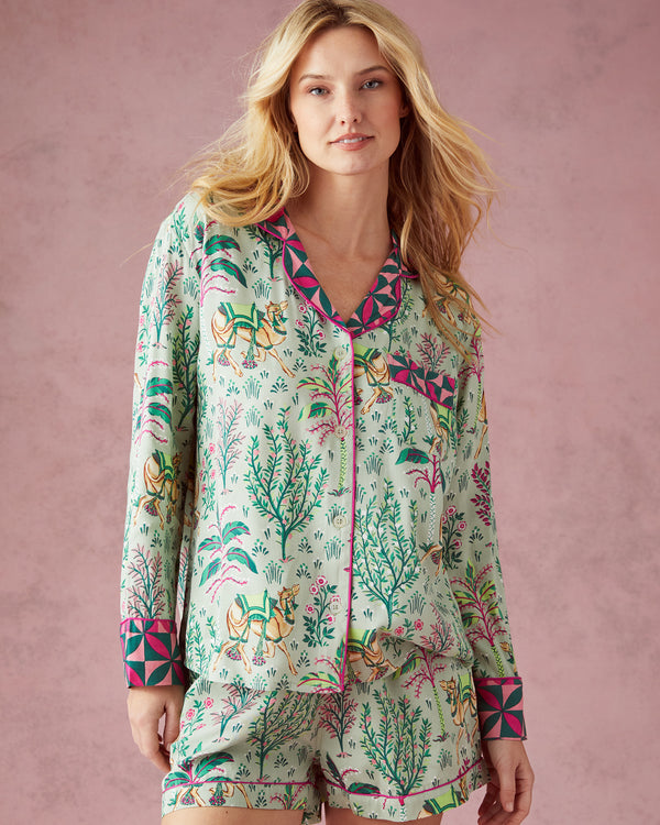 Camel's Courtyard - Satin Long Sleeve Top and Shorts Set - Avocado - Printfresh