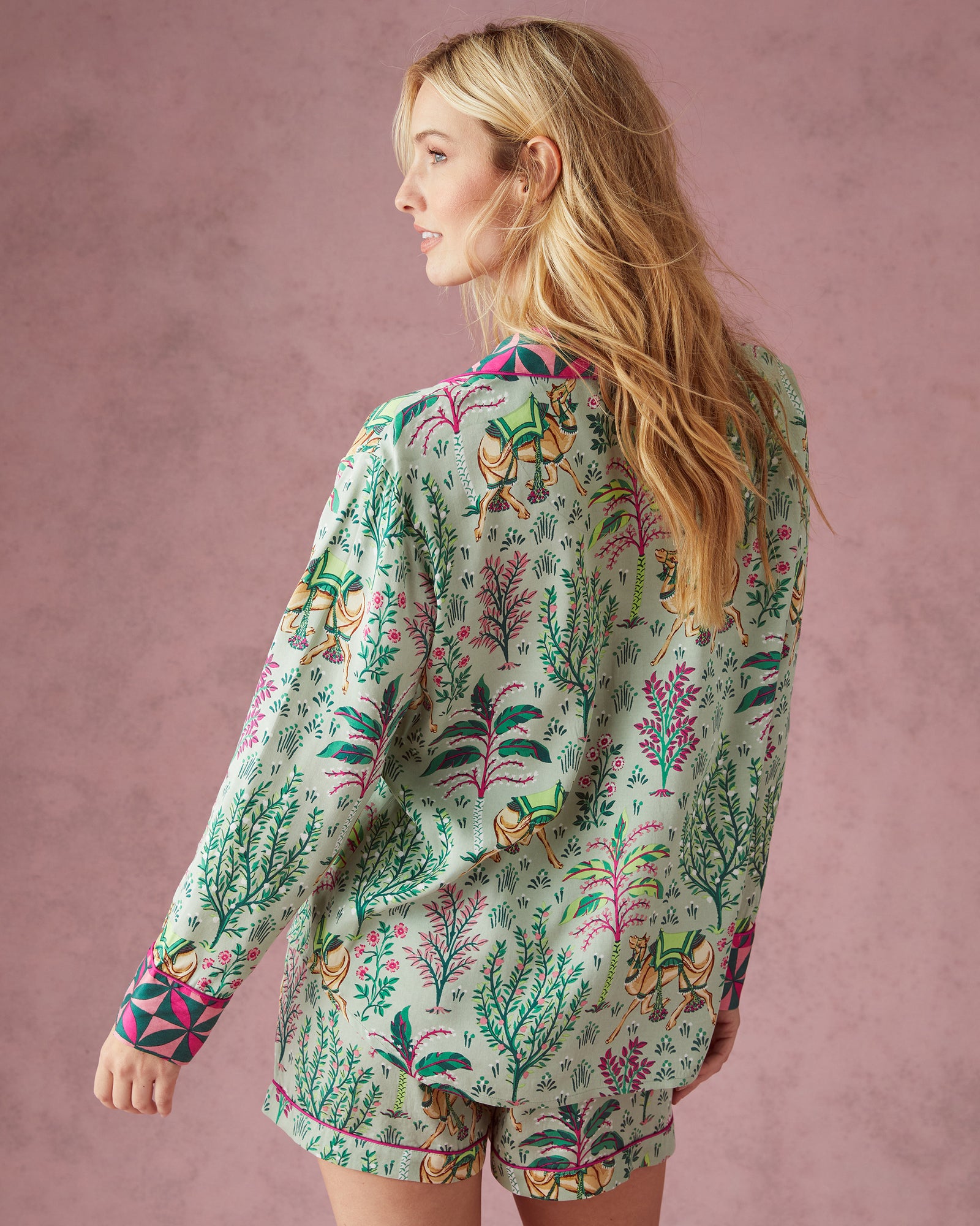 Camel's Courtyard - Satin Long Sleeve Top and Shorts Set - Avocado - Printfresh