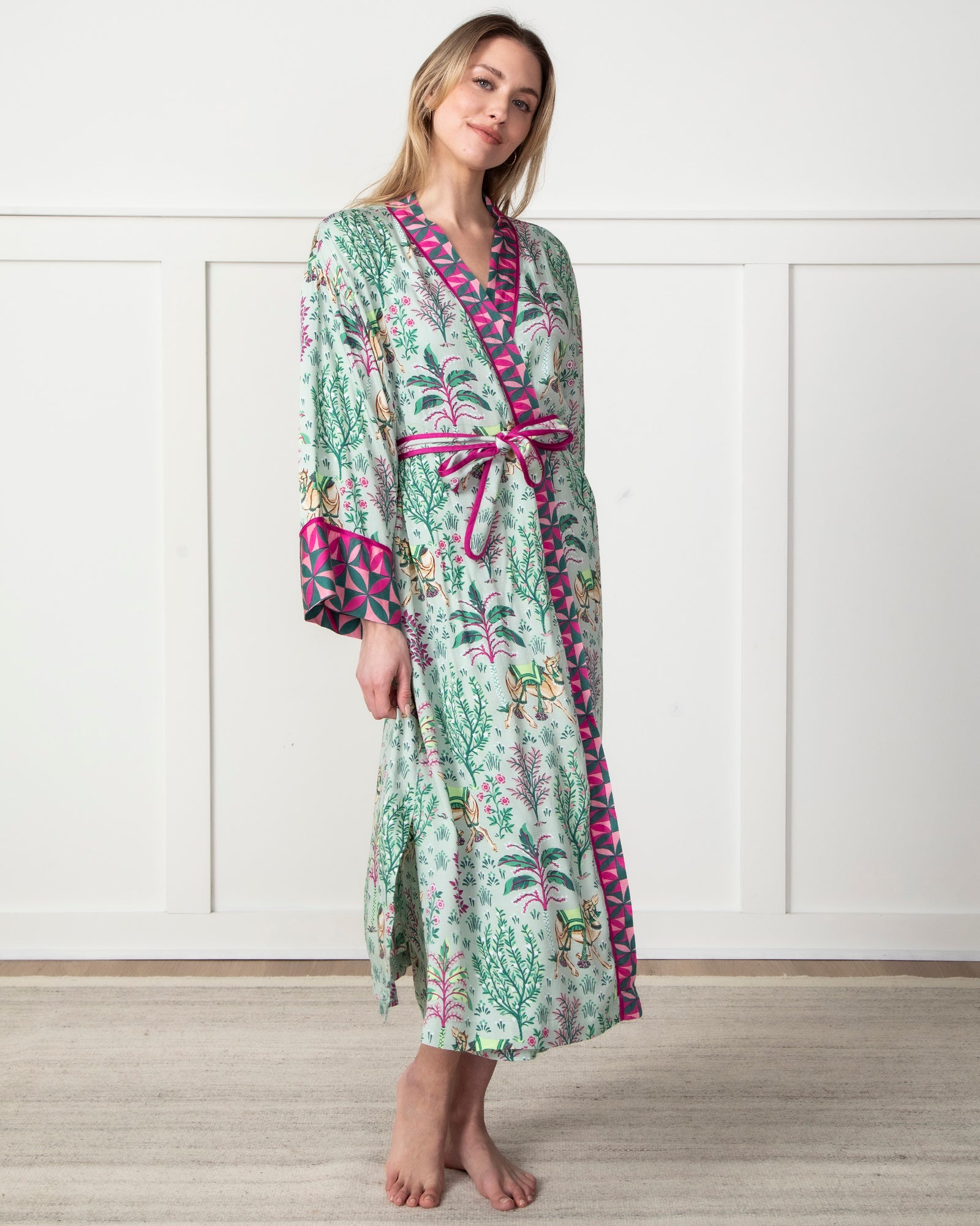 Camel's Courtyard - Satin Robe - Avocado - Printfresh