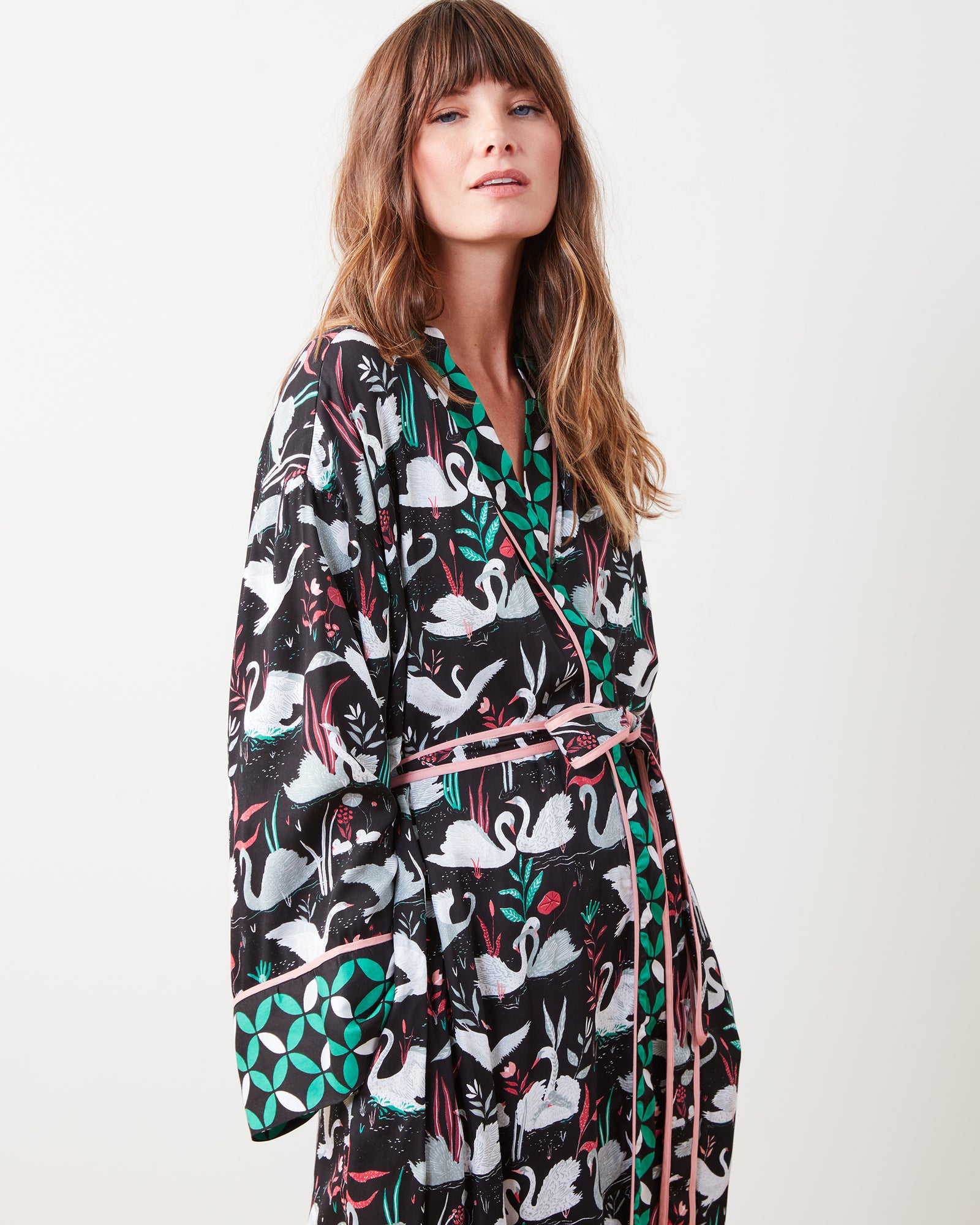 Enchanted Swans - Satin Robe - Starless Sky - Printfresh