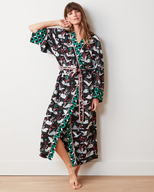 Enchanted Swans - Satin Robe - Starless Sky - Printfresh