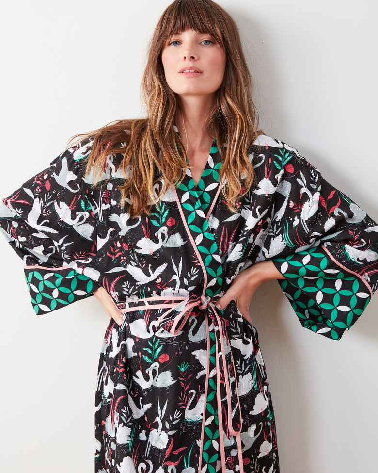 Enchanted Swans - Eco Satin Robe - Starless Sky - Printfresh