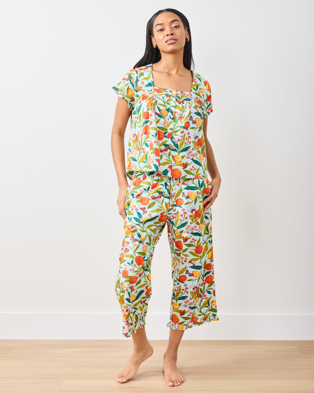 Butterfly Grove - Pintuck Cropped Pant Set - Soft Blue - Printfresh