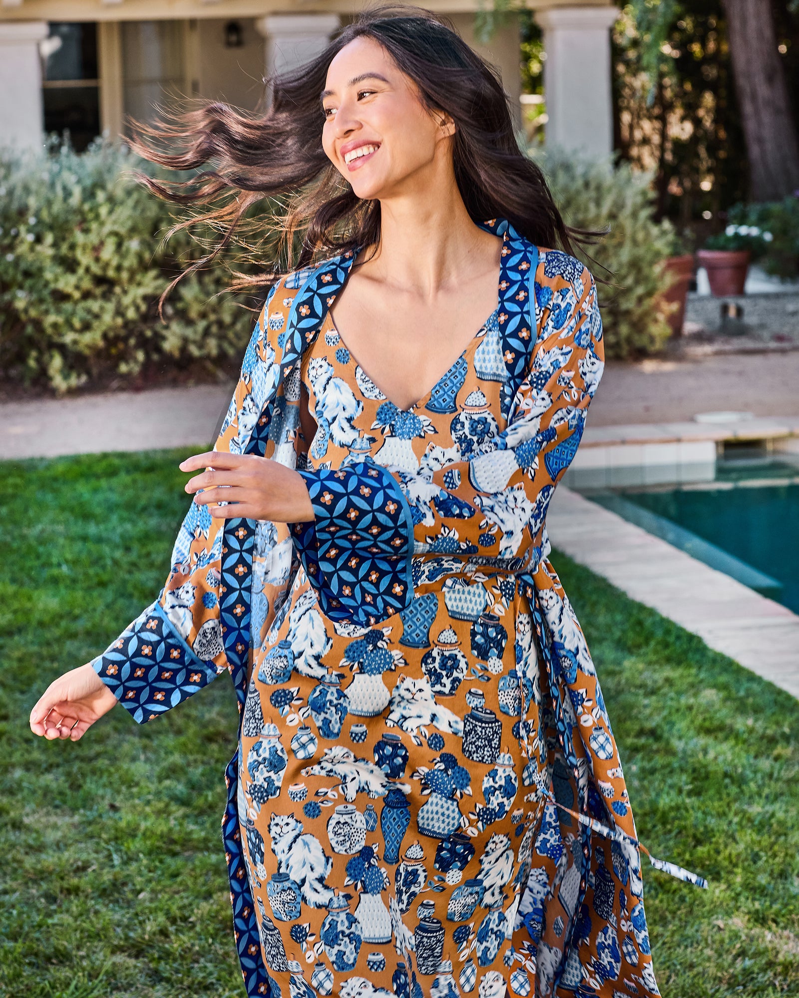 Fancy Cat - Eco Satin Robe - Tobacco - Printfresh