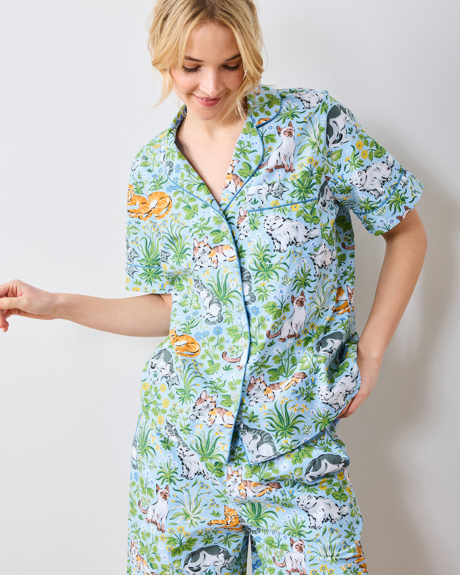 Must Love Cats - Short Sleeve Top & Cropped Pants Set  - Cornflower - Printfresh