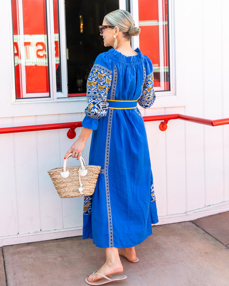 PF + Pencil & Paper Co. Embroidered Hens - Lillian Dress - Cobalt - Printfresh