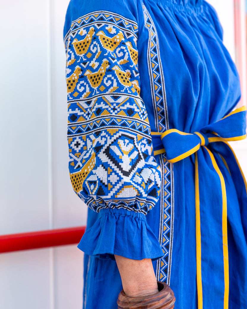 PF + Pencil & Paper Co. Embroidered Hens - Lillian Dress - Cobalt - Printfresh