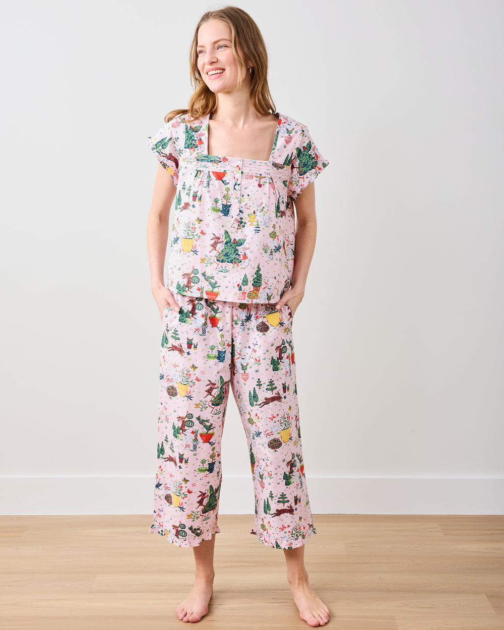 Rabbit Topiary - Pintuck Cropped Pant Set - Easter Pink - Printfresh