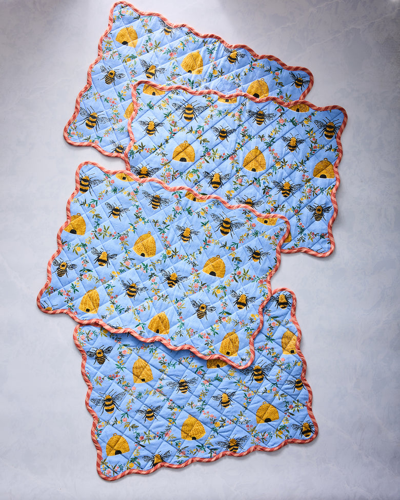 Sweet Bee - Set of 4 Placemats & Napkins Set - Soft Blue - Printfresh