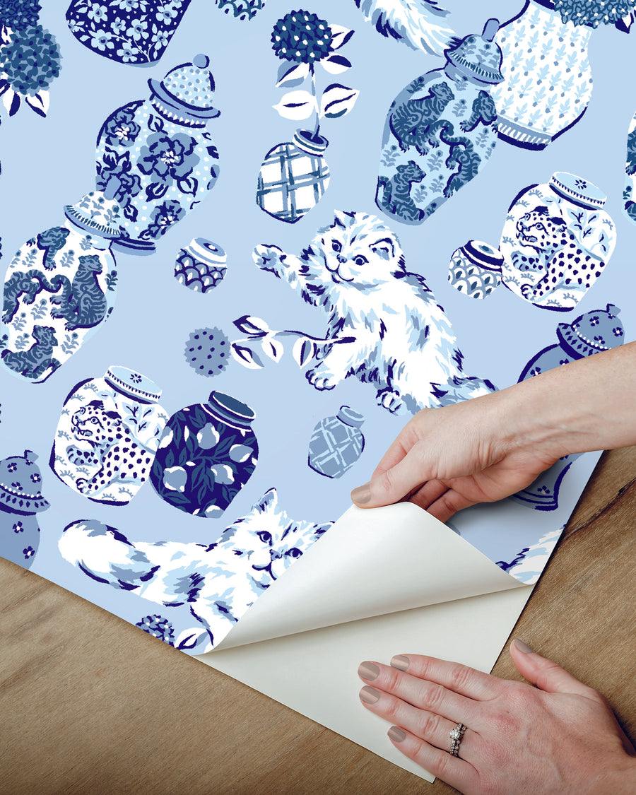 Fancy Cats - Peel & Stick Wallpaper - Blue - Printfresh