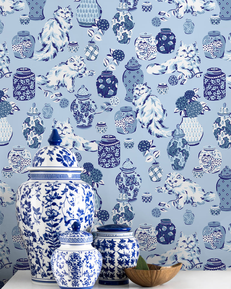Fancy Cats - Peel & Stick Wallpaper - Blue - Printfresh