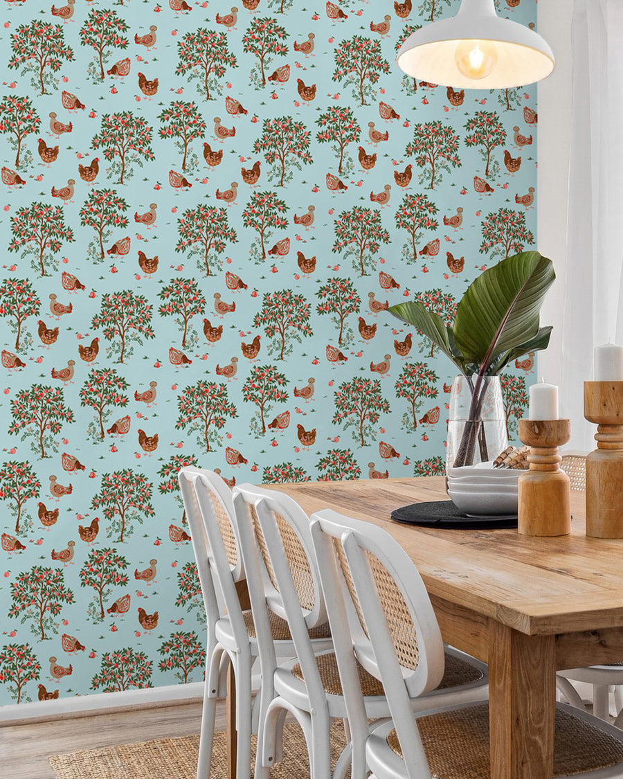 Hen House - Peel & Stick Wallpaper - Aqua - Printfresh