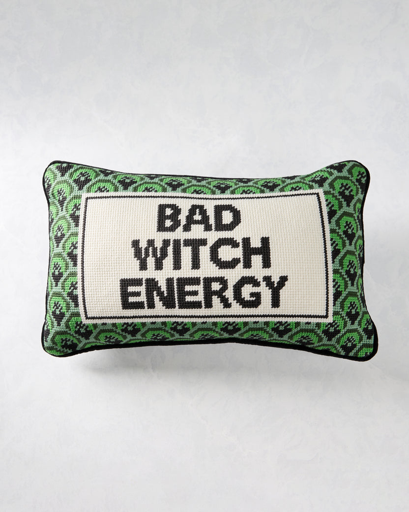 Green Combo - Bad Witch Energy Needlepoint Pillow - Furbish Studio