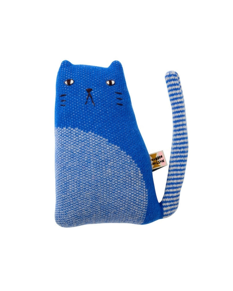 Blue knitted cat plush with a light blue belly and striped raised tail.