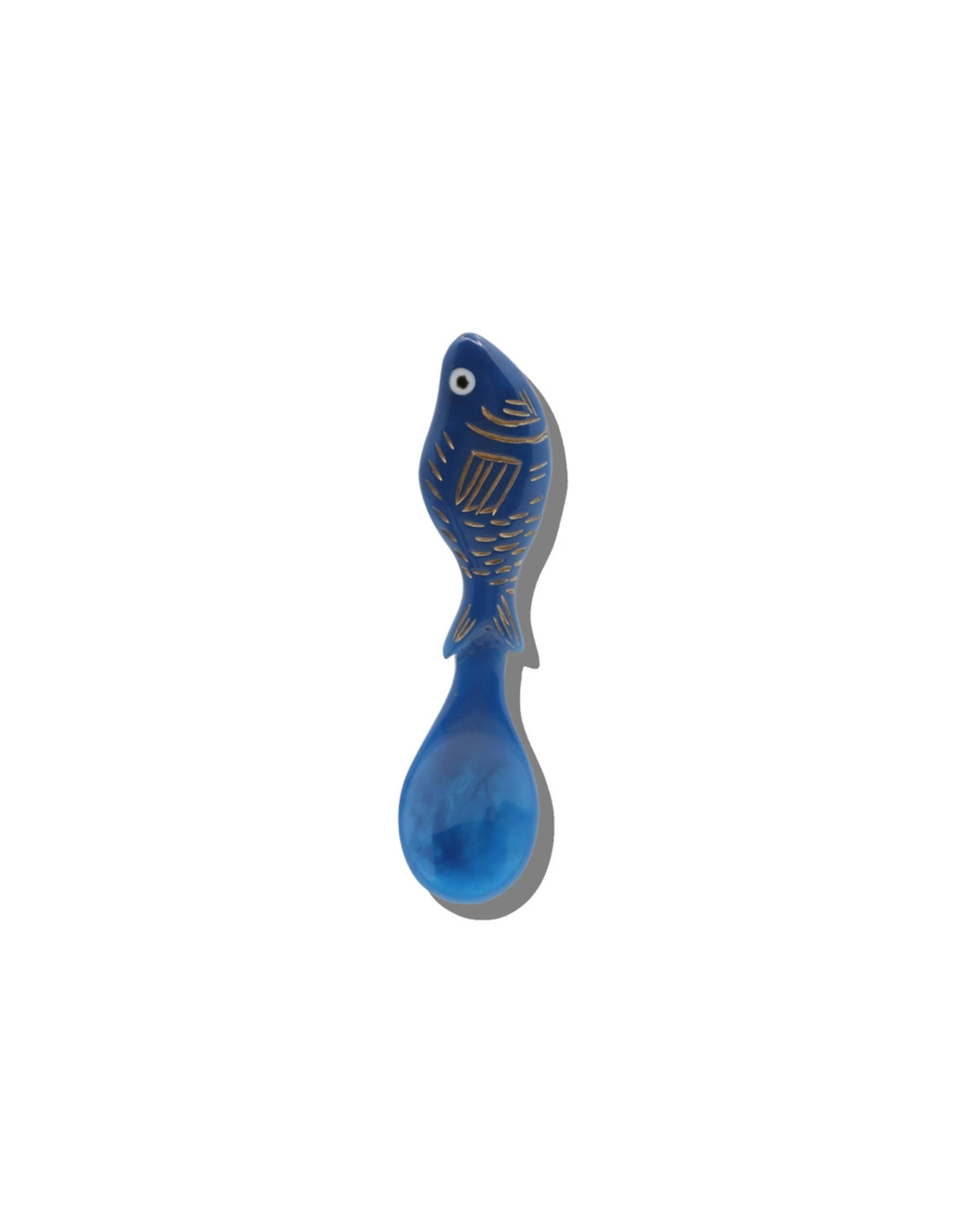 Single blue fish-shaped spoon with gold-colored decorative markings and a rounded spoon bowl.