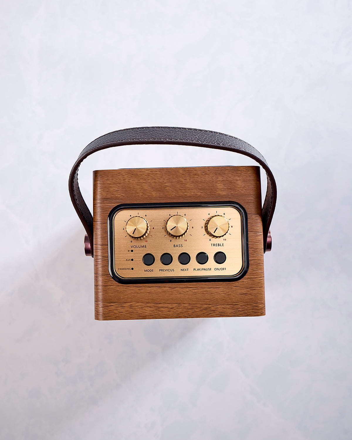 Front view of a brown portable speaker with a handle, three knobs, and five control buttons.