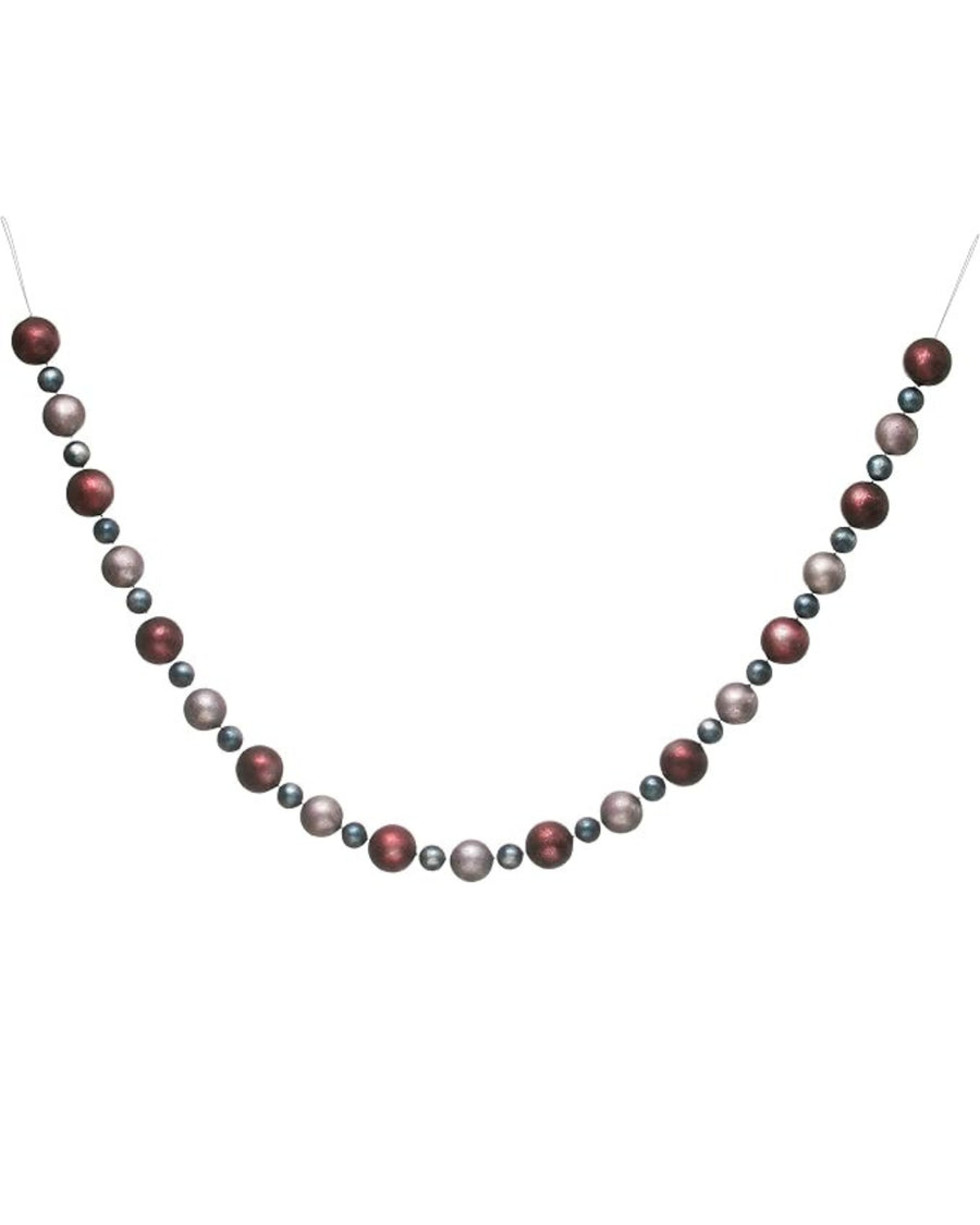 Christmas ball garland arranged in a wide U shape, with alternating burgundy, blue-gray, and mauve balls.
