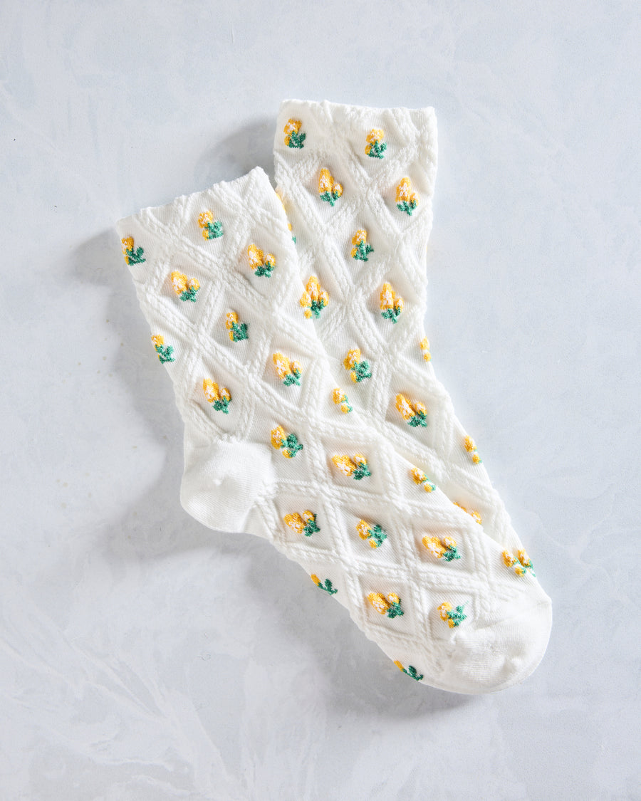Ivory/Yellow - Floral Casual Socks - Tiepology - Printfresh