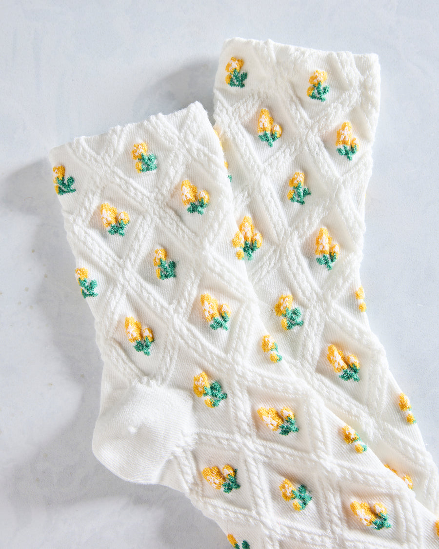 Ivory/Yellow - Floral Casual Socks - Tiepology - Printfresh