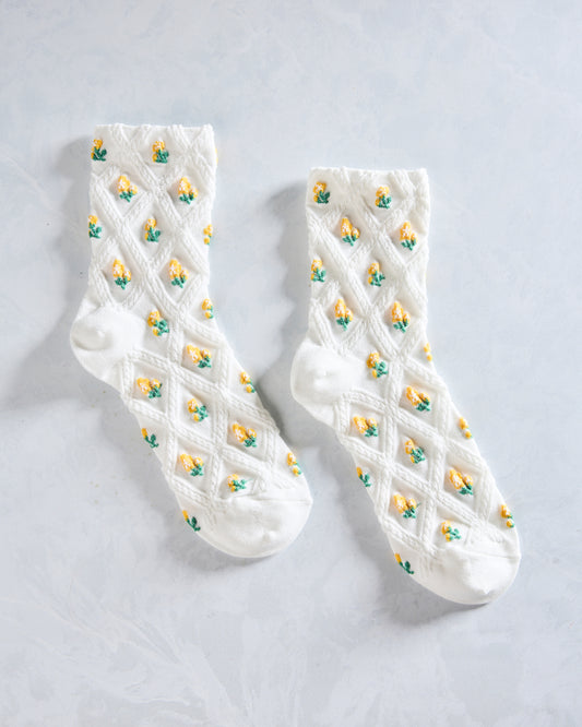 Ivory/Yellow - Floral Casual Socks - Tiepology - Printfresh