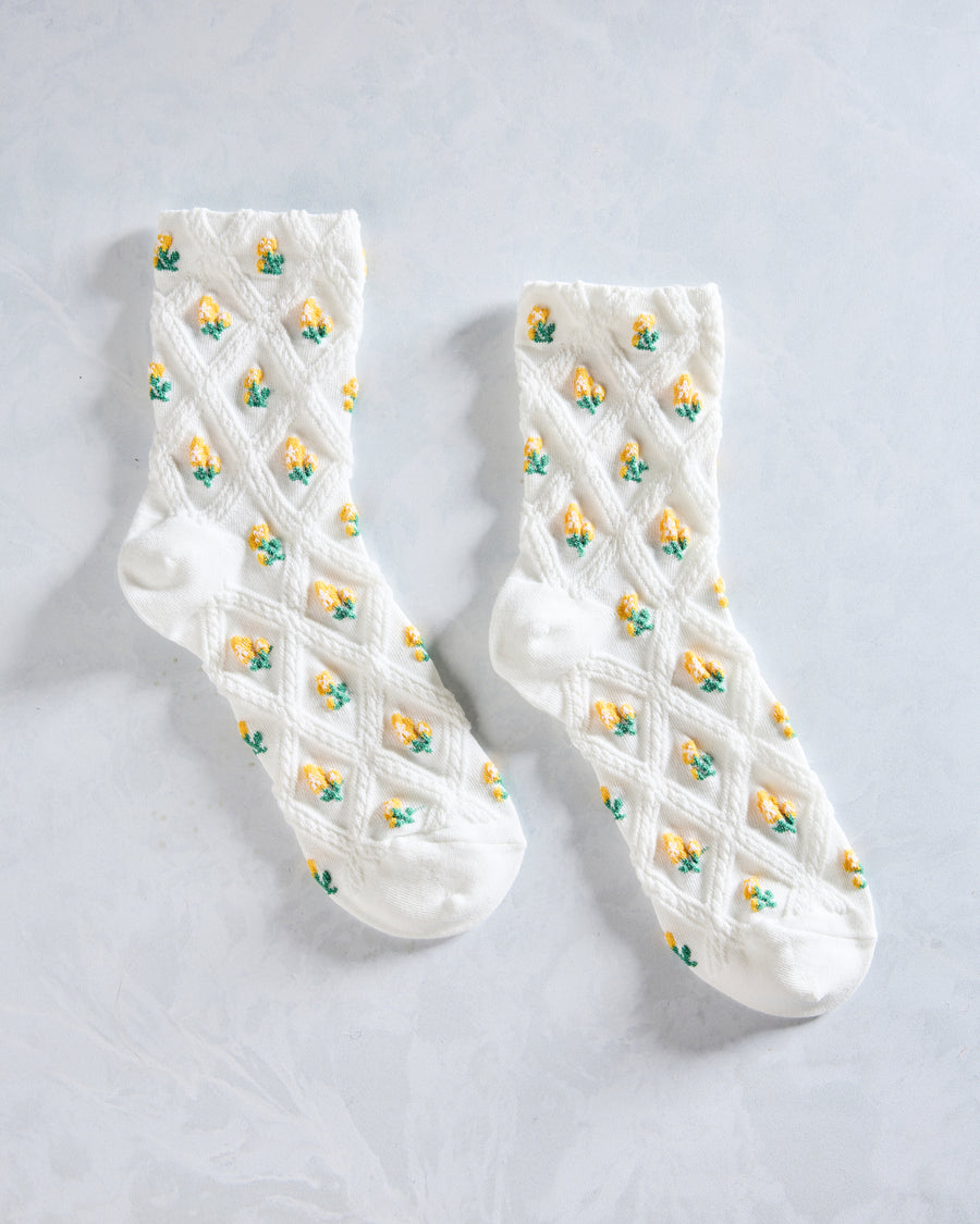 Ivory/Yellow - Floral Casual Socks - Tiepology - Printfresh