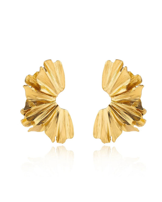 Pair of fan-shaped gold statement earrings with layered ridged detailing.