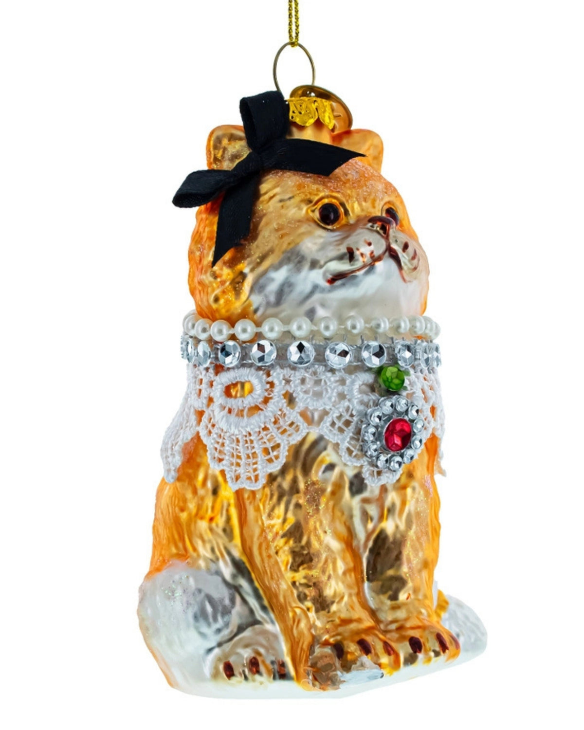 Angled view of a seated orange cat glass ornament wearing a white lace collar with jeweled details and a black bow.