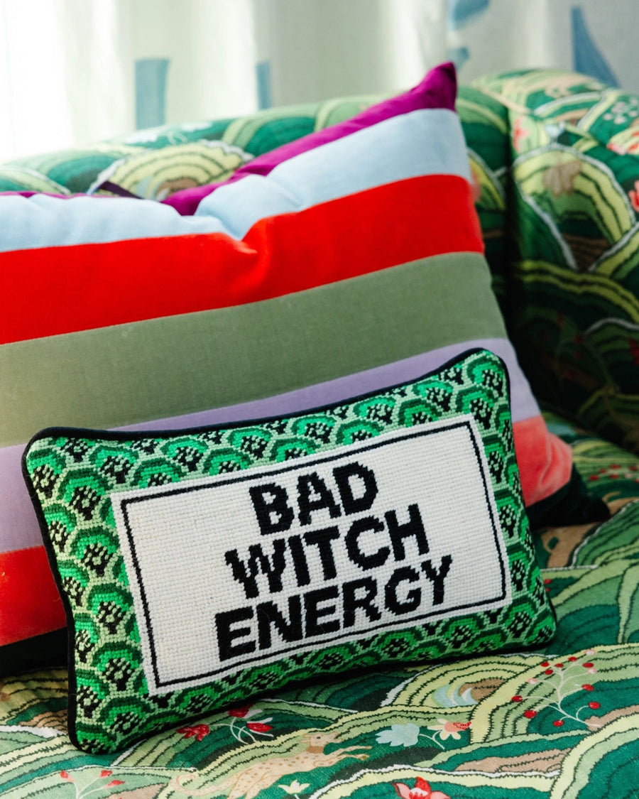 Green Combo - Bad Witch Energy Needlepoint Pillow - Furbish Studio
