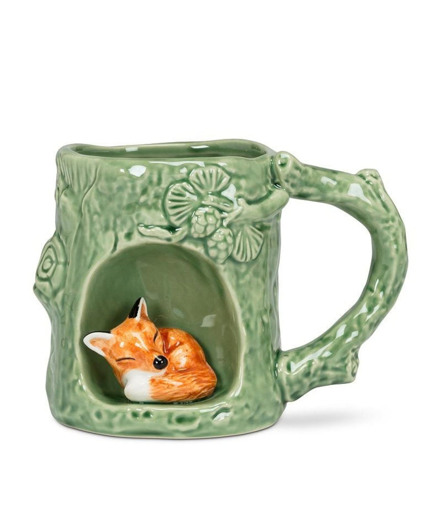 Green fox mug with a sculpted fox face inside the front opening
