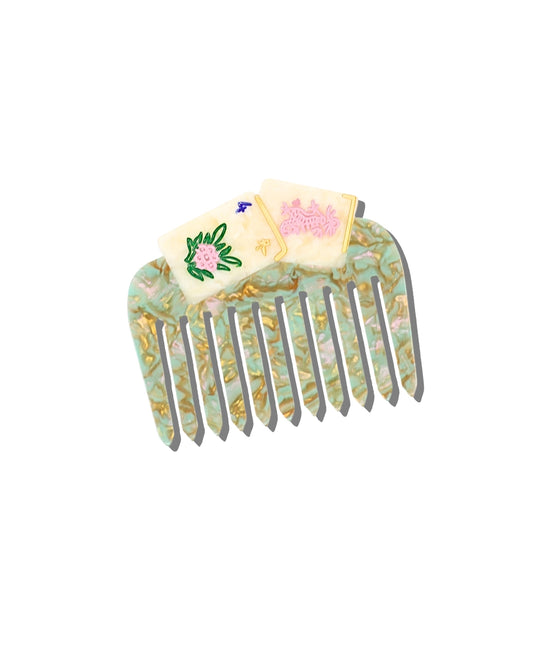 Green Combo - Hand Painted Flower Mahjong Pocket Comb - Solar Eclipse - Printfresh