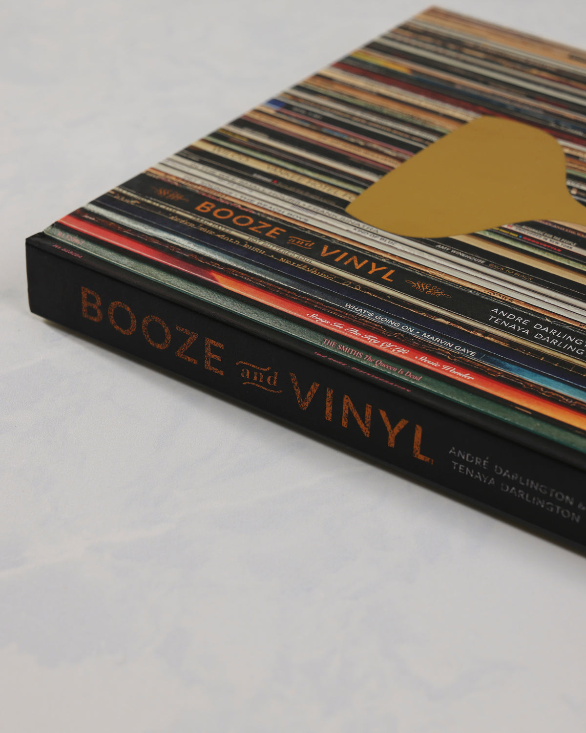 Closed Booze and Vinyl book shown at an angle, with a cover made to resemble stacked vinyl records.