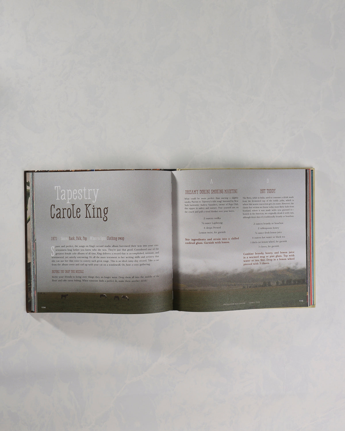Open Booze & Vinyl book showing a Carole King entry with cocktail recipes on the facing page.