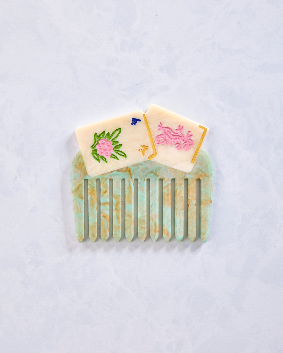 Green Combo - Hand Painted Flower Mahjong Pocket Comb - Solar Eclipse