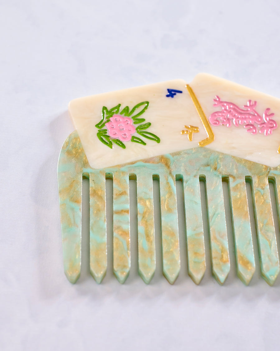 Green Combo - Hand Painted Flower Mahjong Pocket Comb - Solar Eclipse