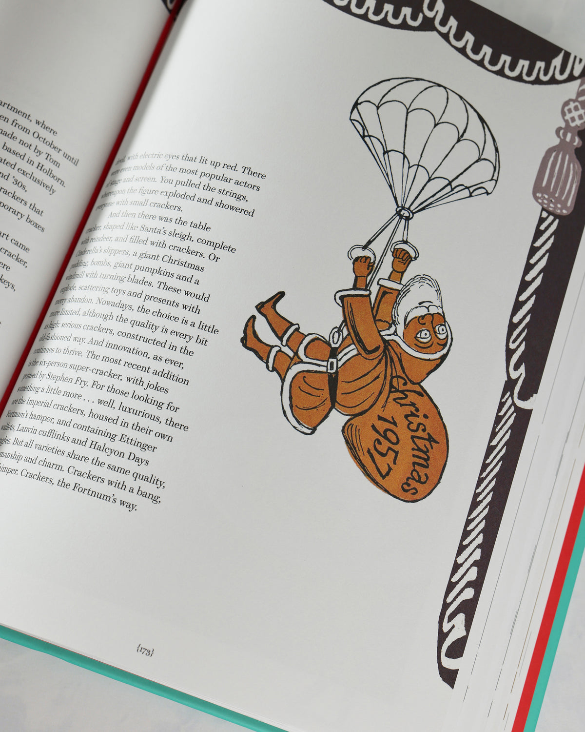 Interior page of Fortnum & Mason Christmas & Other Winter Feasts with an illustration of a parachuting figure labeled Christmas 1971.