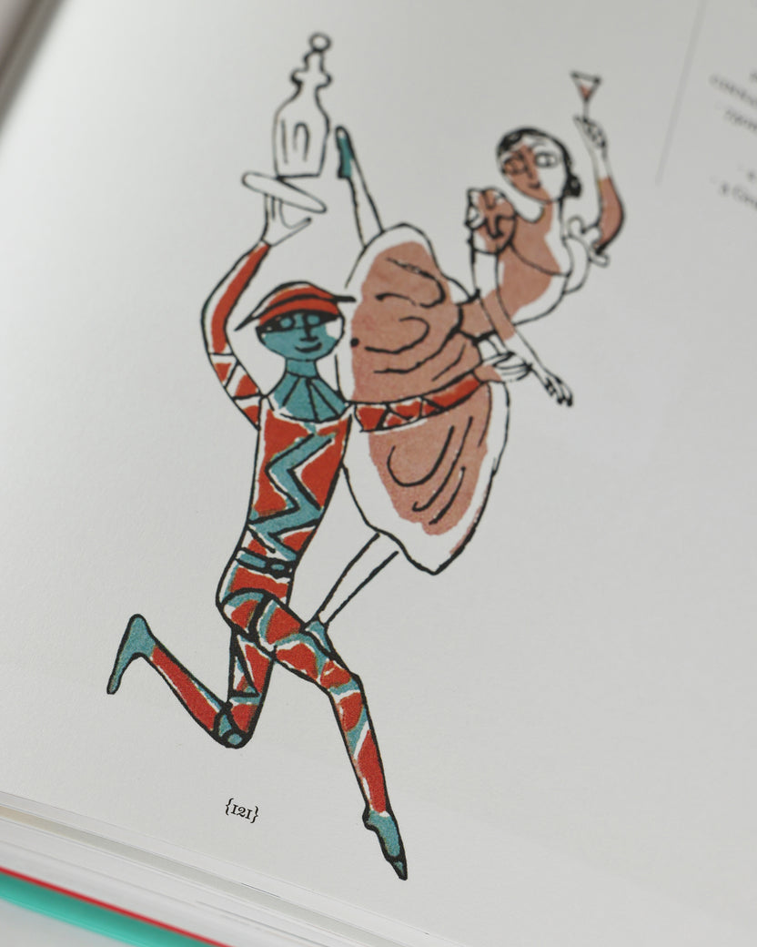 Close-up of a colorful illustration of two dancing figures, one holding a bottle and the other holding a cocktail glass.