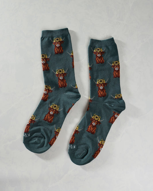 Teal Combo - Sunflower Highland Cow Bamboo Crew Sock - Infinity Classics International Inc.